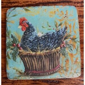 Kate McRostie Stone Tile Coaster Hen Cork Back Country Farmhouse‎ Rustic Cottage